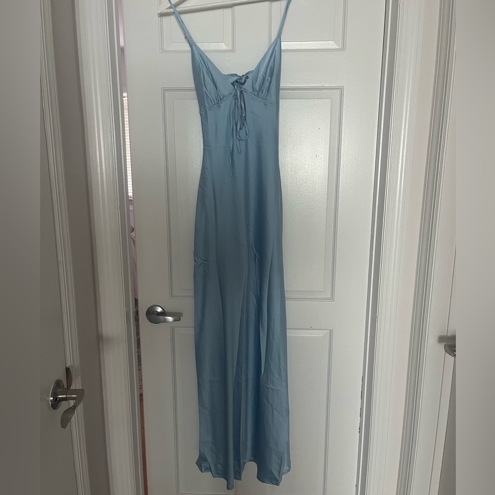 Peppermayo Light Blue Satin Maxi Slip Dress with Tie Front